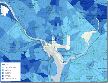 Heat map of washington DC showing percent of foreign born population